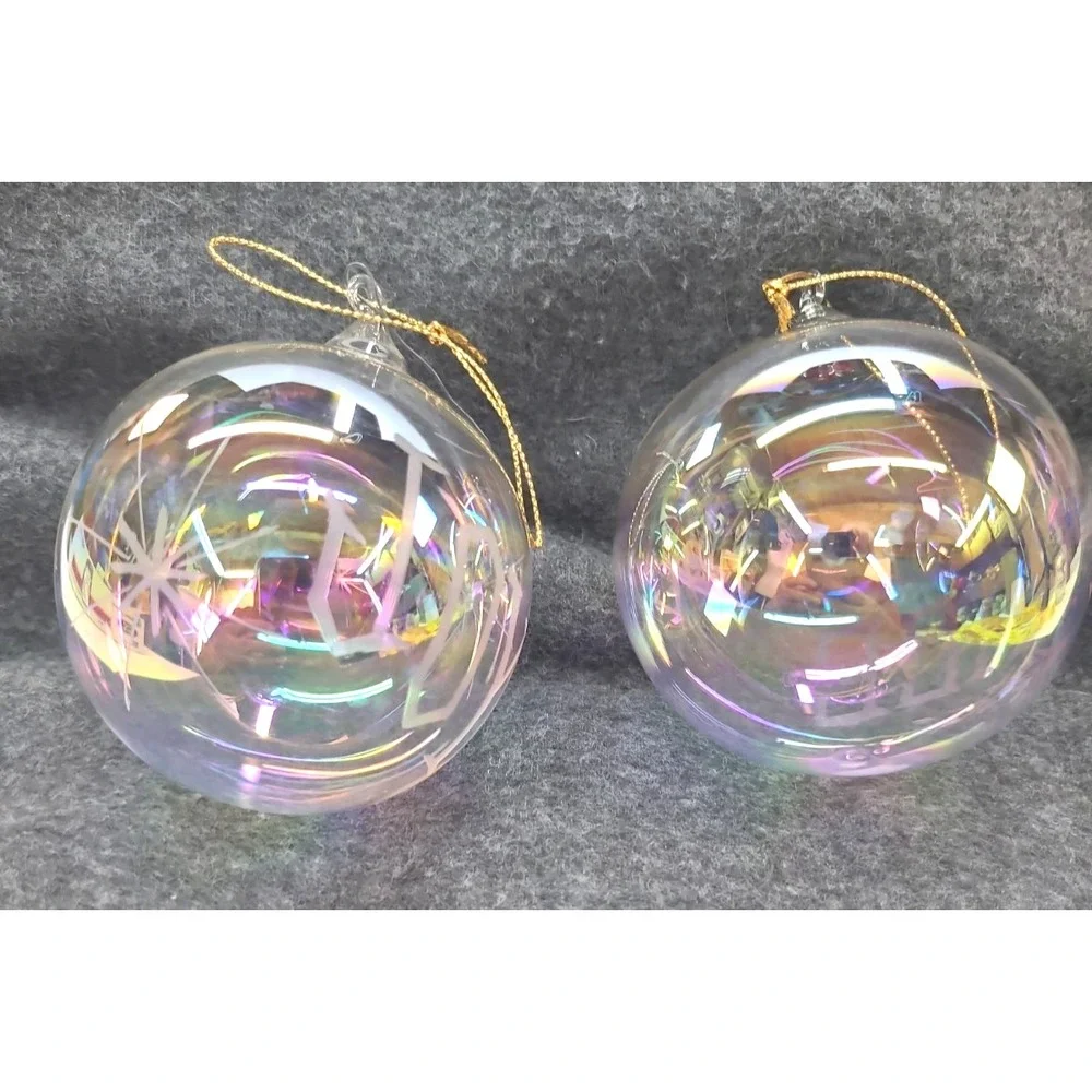 2 Clear Hand Blown Glass Christmas Ornaments Iridescent Etched Joy Peace